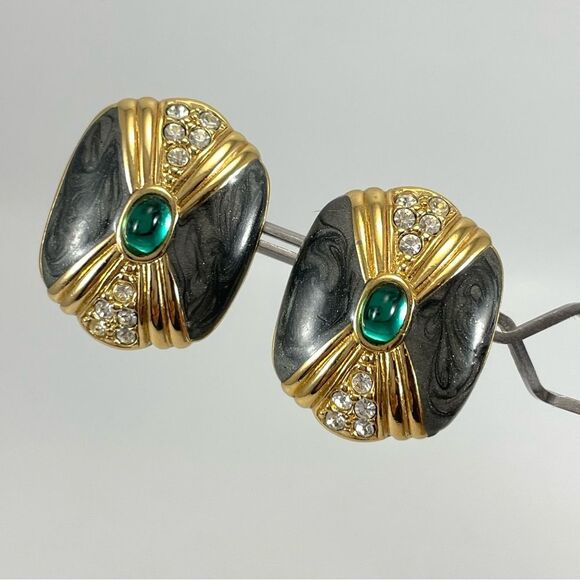 Vintage Kenneth Jay Lane for Avon Green Glass Cabochon Gray Enamel Earrings - Picture 1 of 8